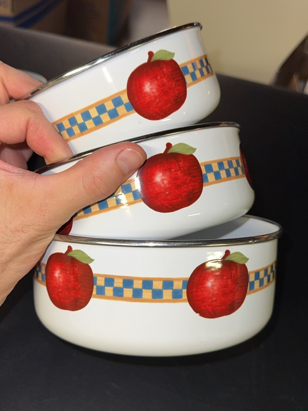 VTG Country Fresh Enamelware Set of 3 Country Farmhouse Mixing Bowls Serveware